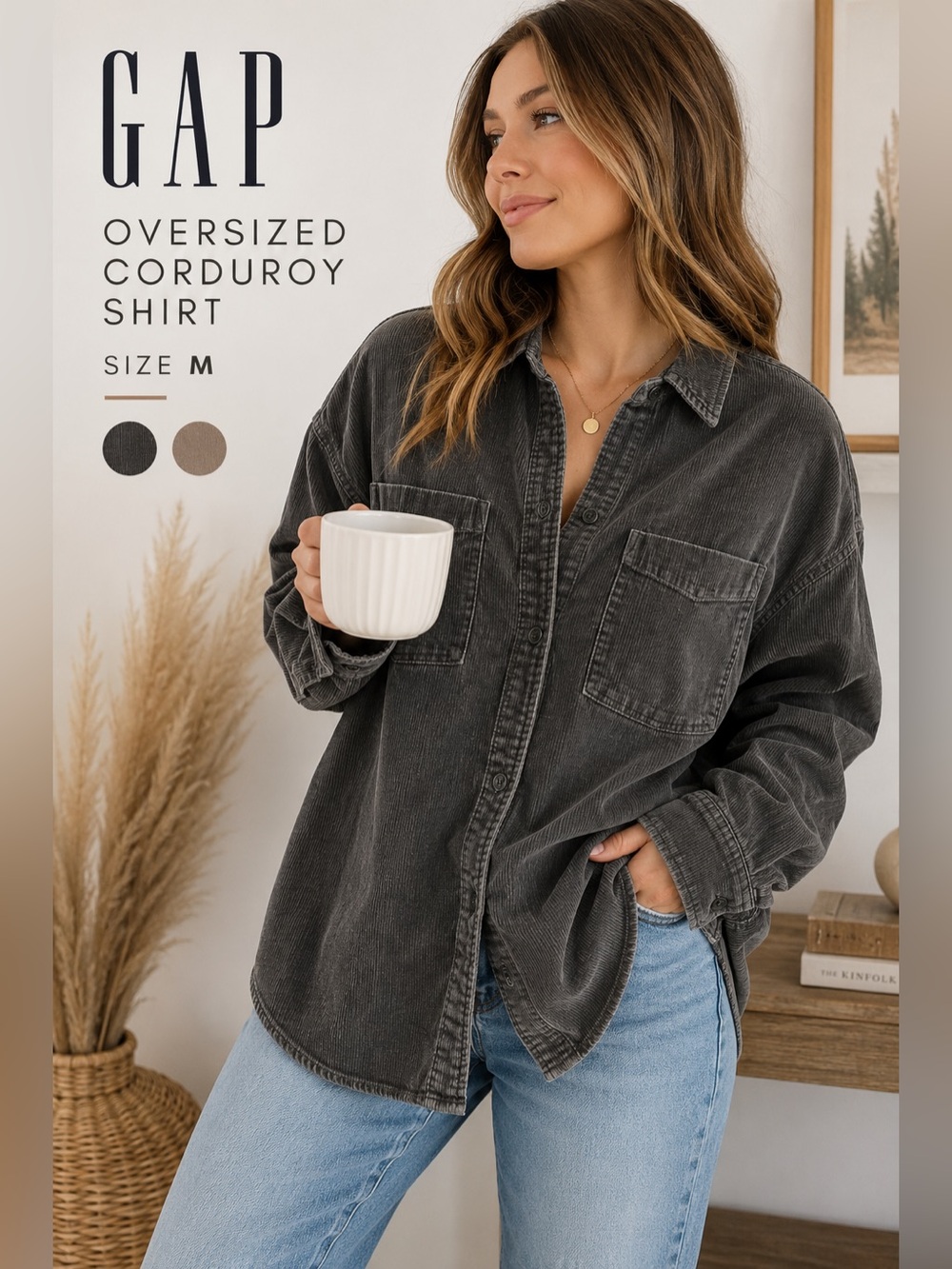 Gap Oversized Corduroy Button Up Shirt Women’s M Charcoal Gray Shacket